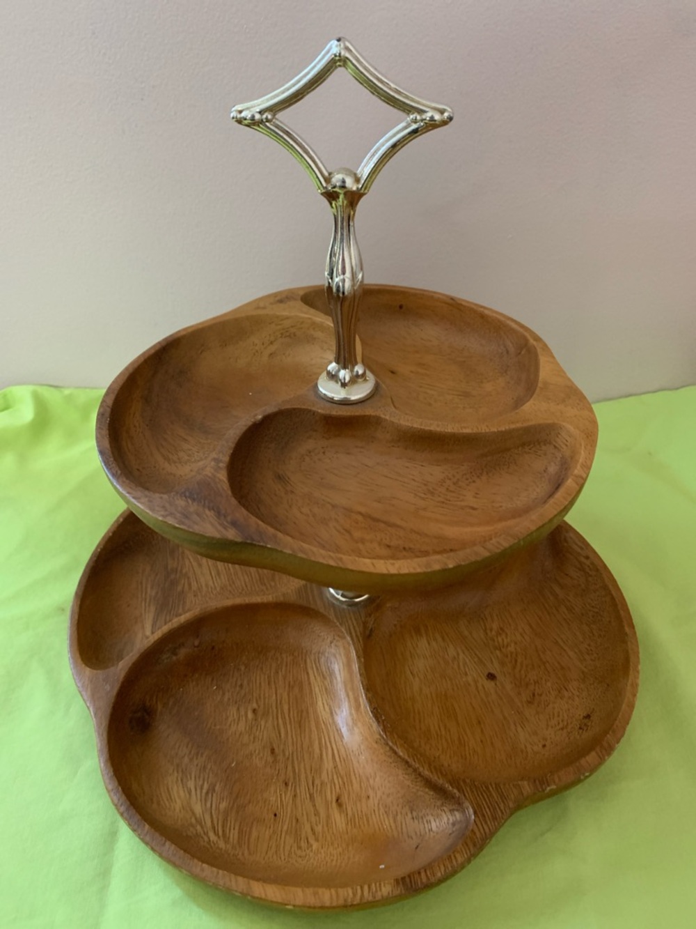 Talarico Two-Tier Wooden Serving Stand in Natural Brown with Metal Handle